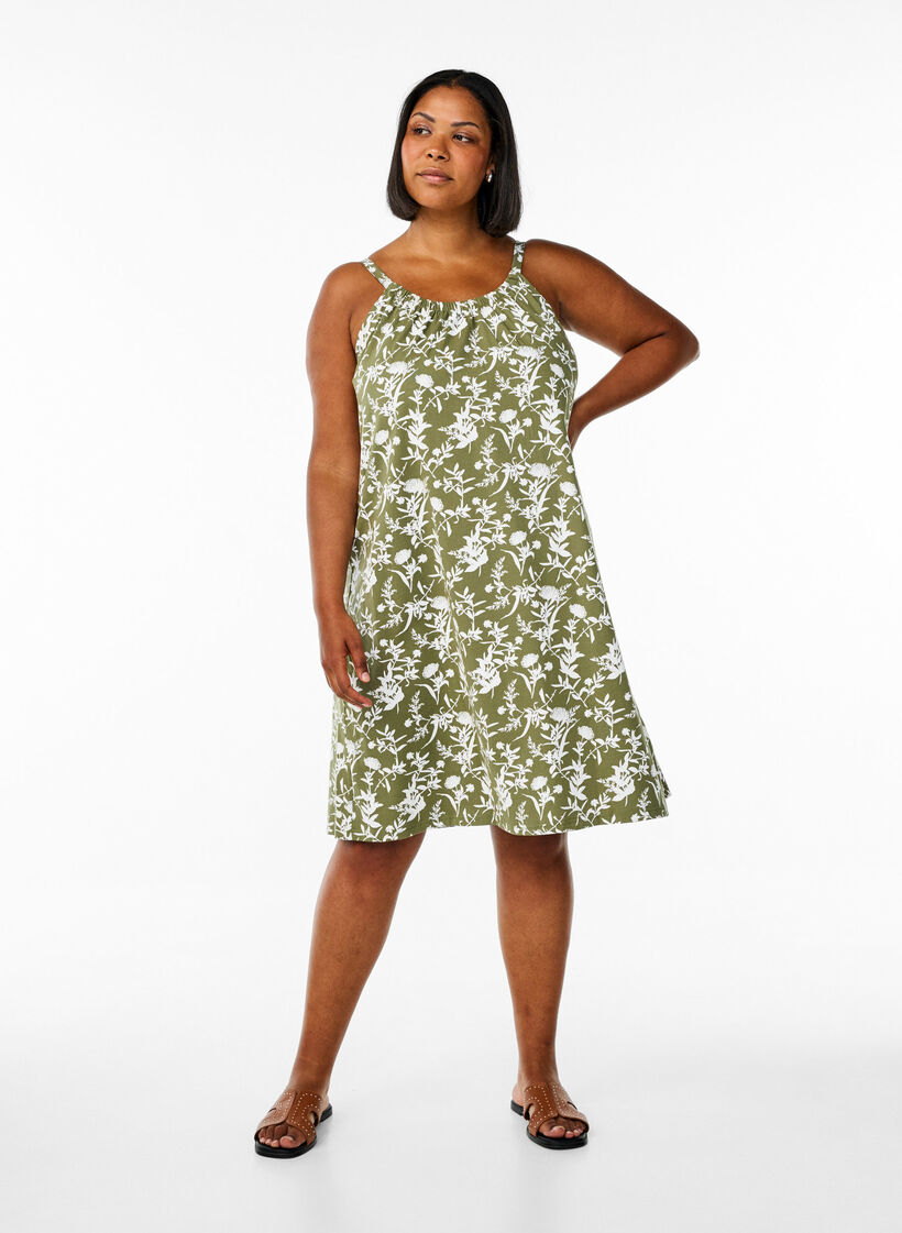Midi strap dress in organic cotton, Gr&oslash;nn, Model image number 1