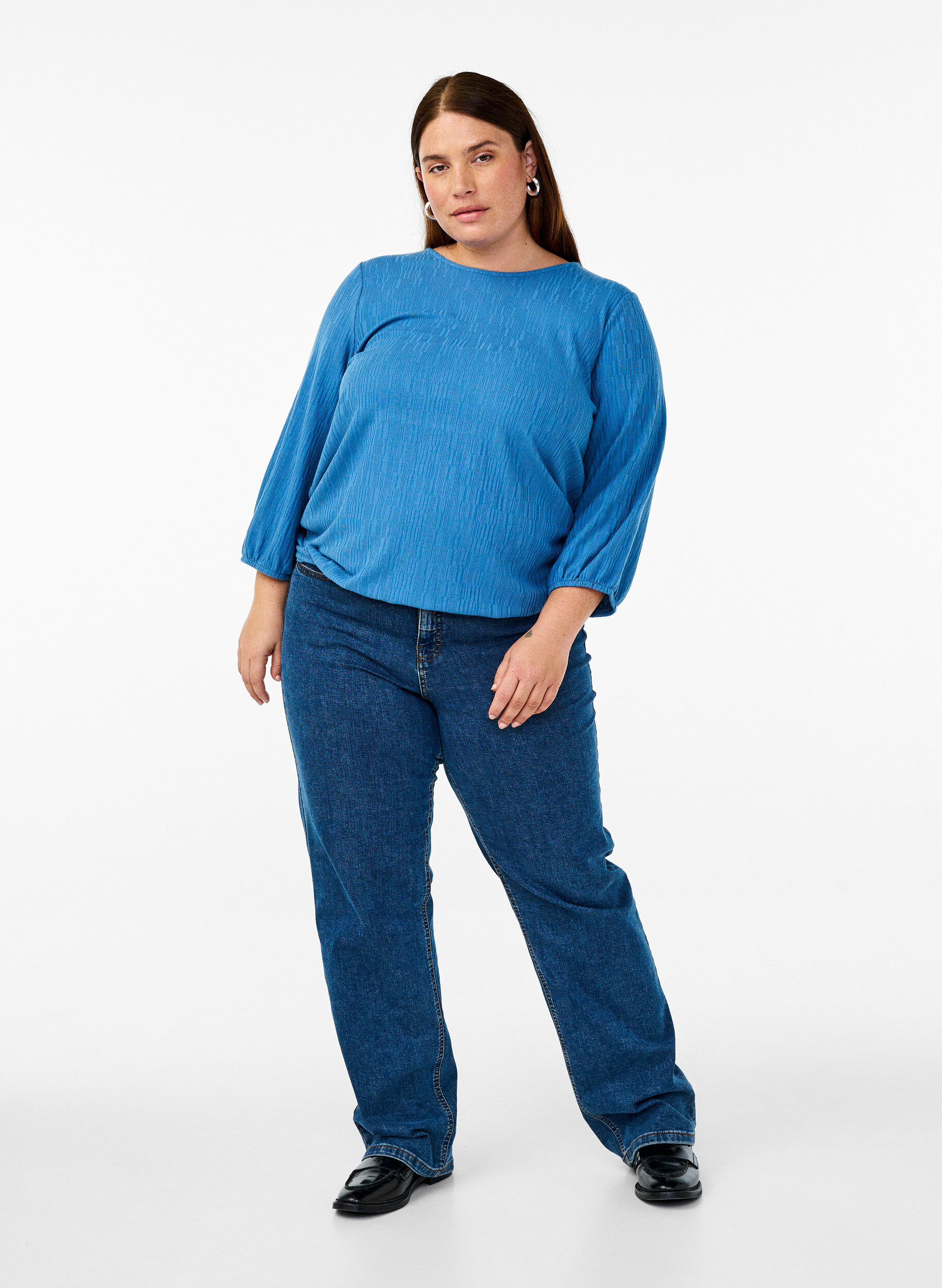 ZizziBluse med tekstur og 3/4 ermer, Bl&aring;, Model image number 1