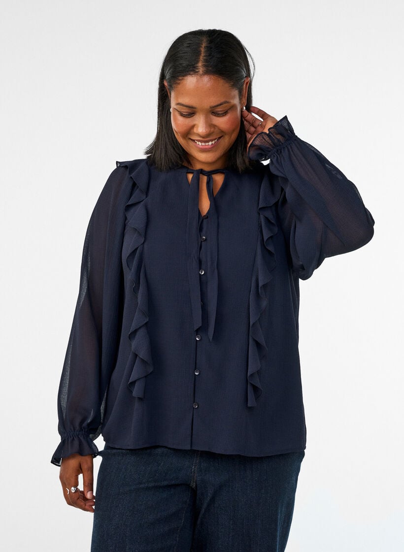 Gjennomsiktig bluse med volanger og knyte-lukking, Bl&aring;, Model image number 0