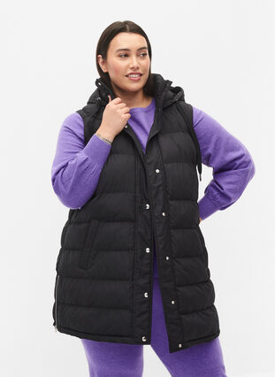 Lang vest med hette og knappelukking, Black, Model image number 0