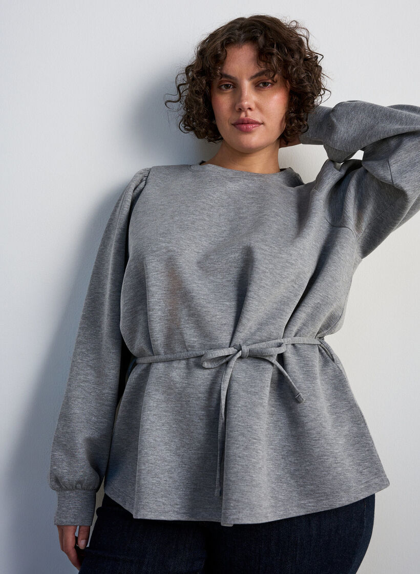 Bluse med knyting og puffermer, Gr&aring;, Model image number 0