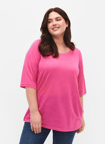 Bluse med 3/4-ermer, Shocking Pink, Model image number 0