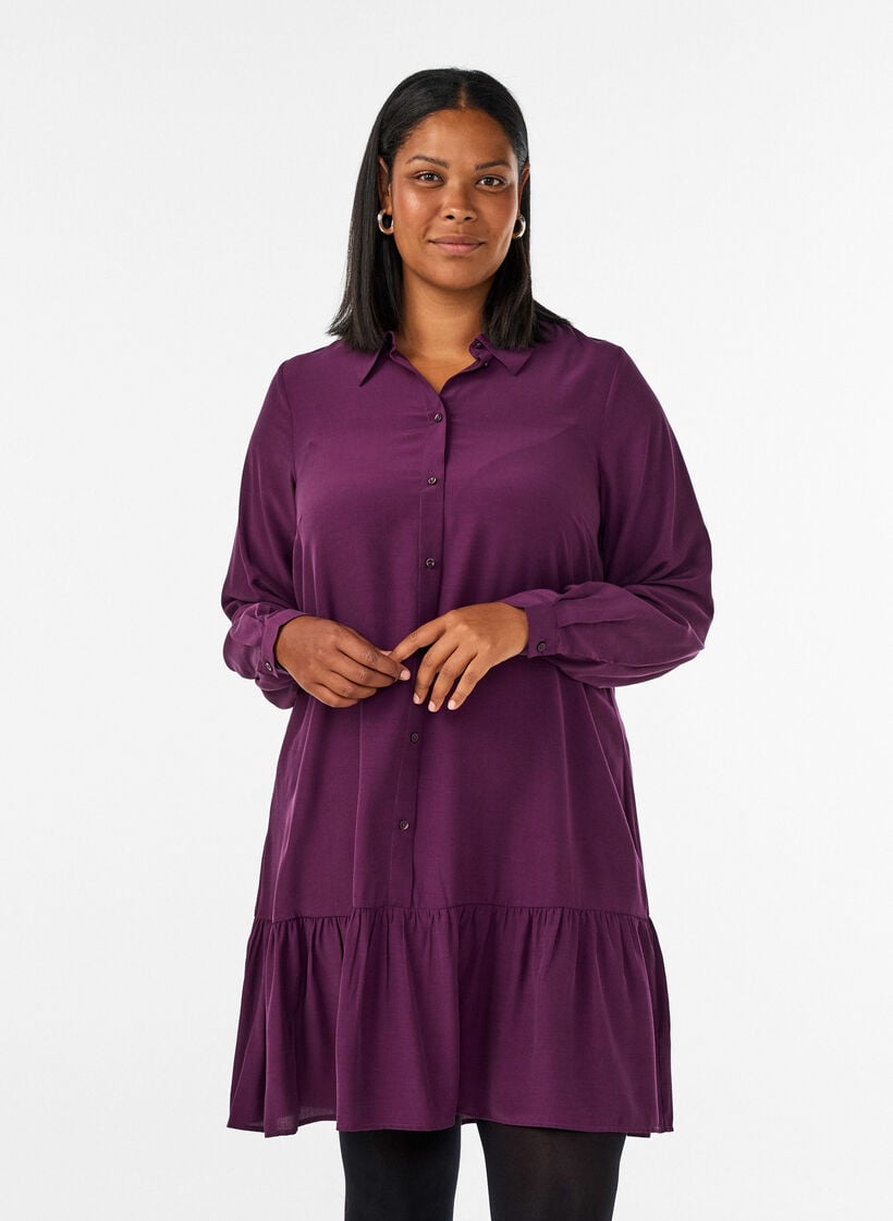 Kort skjortekjole med volanglag, Lilla, Model image number 0