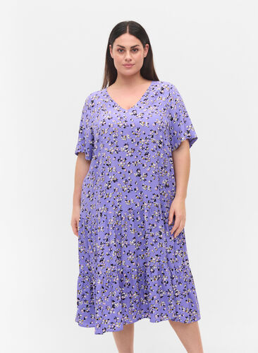 Kortermet viskosekjole med blomsrete mønster, Lilac Flower Print, Model image number 0