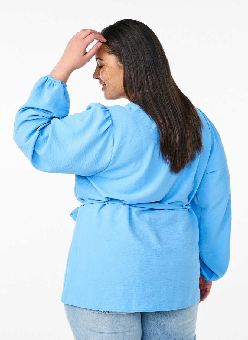 Langermet omslagsbluse med knytebelte, Della Robbia Blue, Model