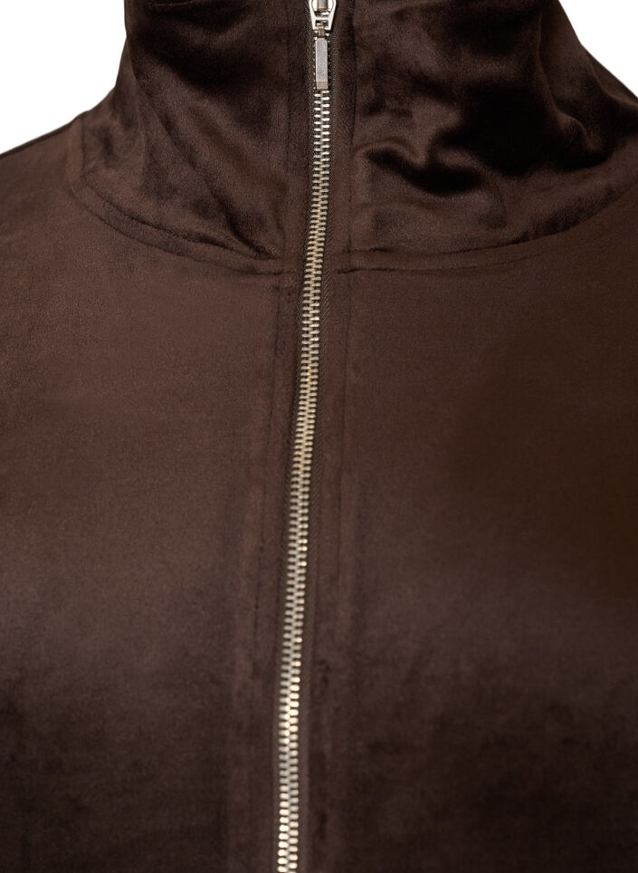Myk velourcardigan med glidel&aring;s og h&oslash;y krage, Brun, Packshot image number 2