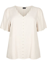 Bluse i viskose- og linblanding med broderi