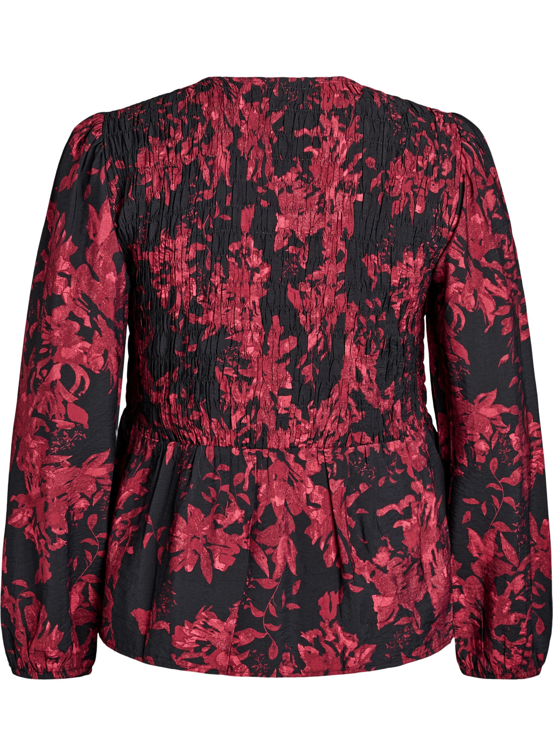 ZizziBluse med smock og lange ermer, Svart, Packshot image number 1