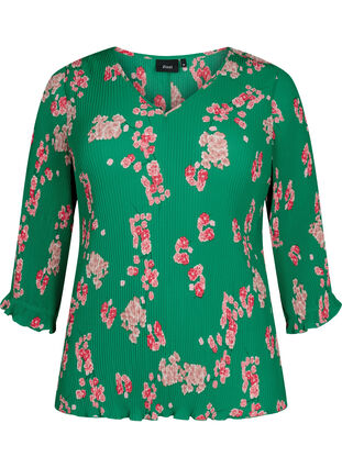 Bluse med plissé og 3/4-ermer, Jolly Green Flower, Packshot image number 0