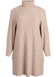 Kort strikket kjole med høy hals og ribbestruktur, Simply Taupe Mel.