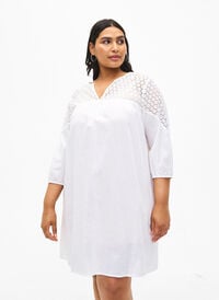 Kjole i bomullsblanding med lin og heklede detaljer, Bright White, Model