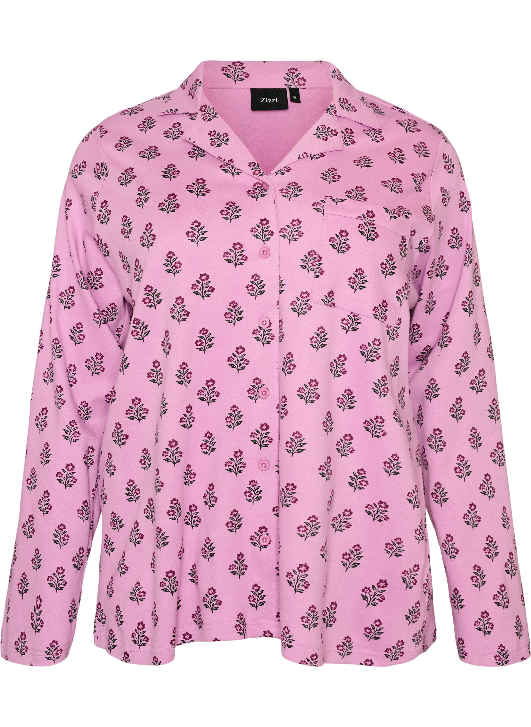 ZizziBomullspyjamaskjorte med brystlomme, Rosa, Packshot image number 0