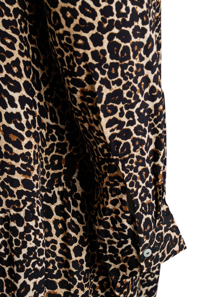 Midikjole i viskose med trykk og lange ermer, Brun, Packshot image number 3