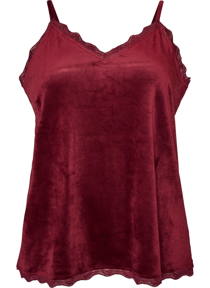 Velour topp med blonderkant, R&oslash;d, Packshot image number 0