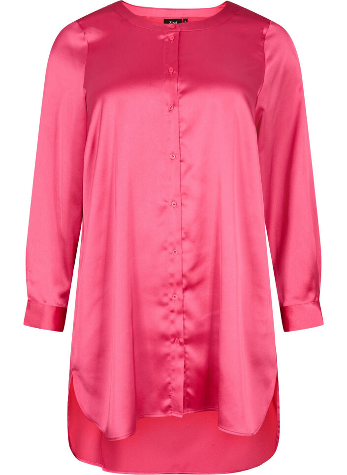Lang shiny skjorte med splitt, Pink Flambé, Packshot image number 0