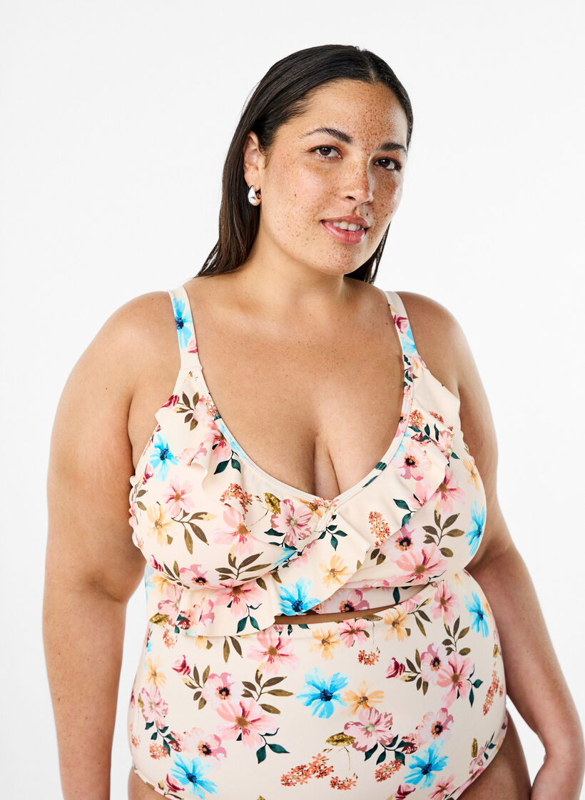 Blomstrete bikinioverdel med volangdetaljer, Beige, Model image number 0