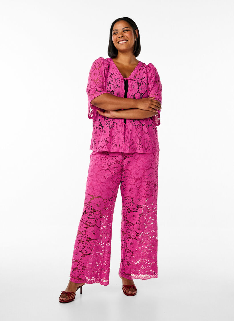Blonderbukser med høy midje og lommer, Rosa, Model