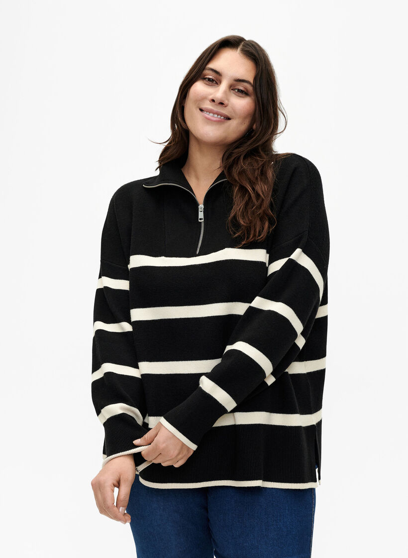Pullover med striper og høy krage	, Black w. Birch, Model image number 0