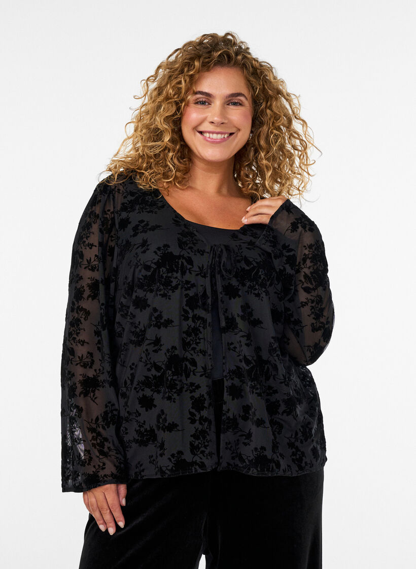Meshbluse med blomstertrykk og &aring;pen front, Svart, Model image number 0