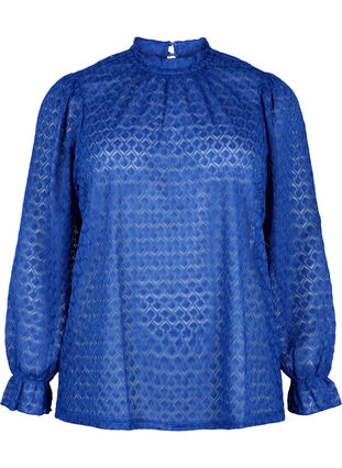 Bluse med lange ermer og mønstret tekstur, Deep Ultramarine, Packshot image number 0