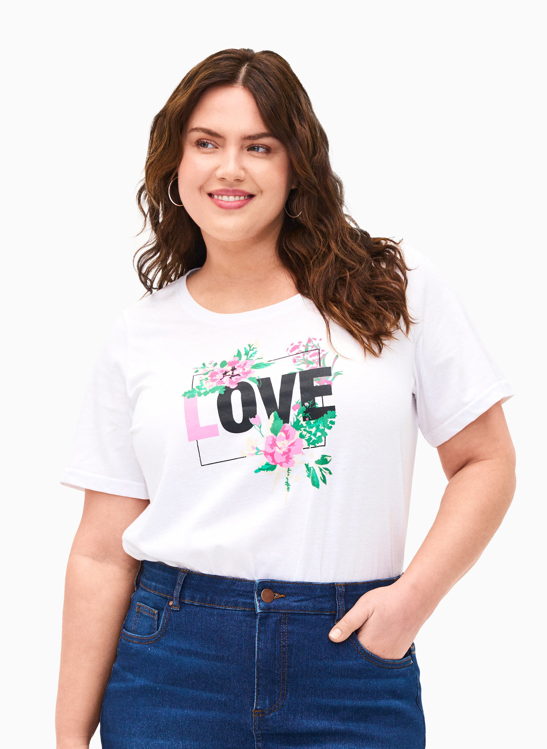 Zizzi FLASH - T-skjorte med motiv, Bright White Love, Model image number 0