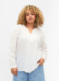 Bluse av bomull med heklede detaljer, White, Model