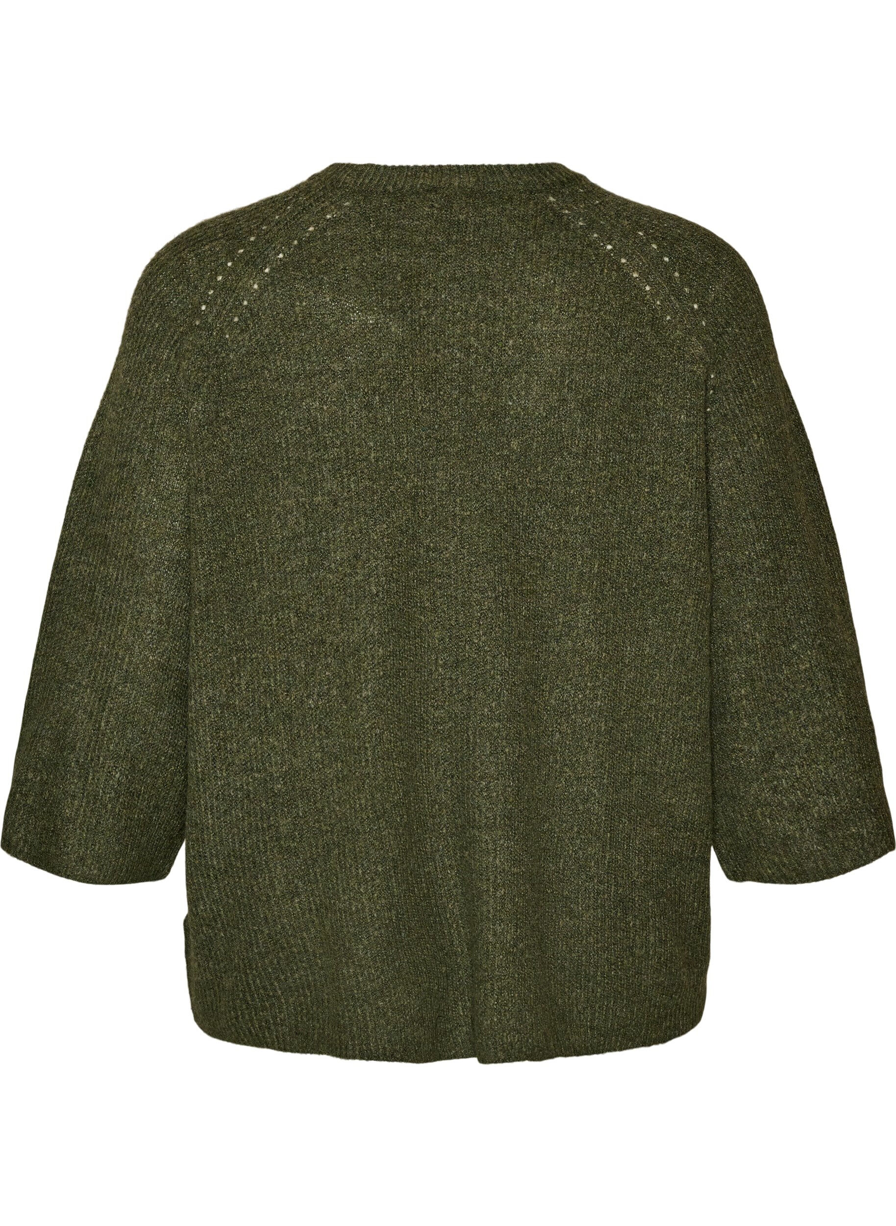 ZizziRibbestrikket genser med 3/4 ermer, Gr&oslash;nn, Packshot image number 1