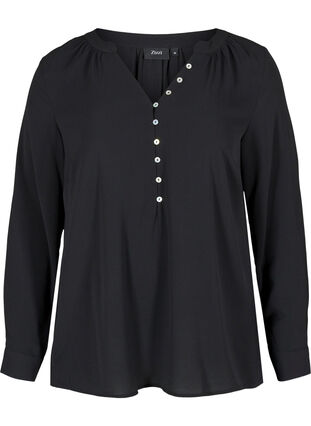 Bluse med V-hals og knappedetaljer, Black, Packshot image number 0