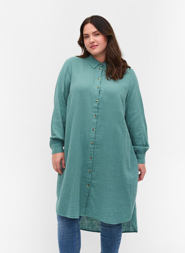 Lang bomullsskjorte med en klassisk krage, Sagebrush Green, Model image number 0