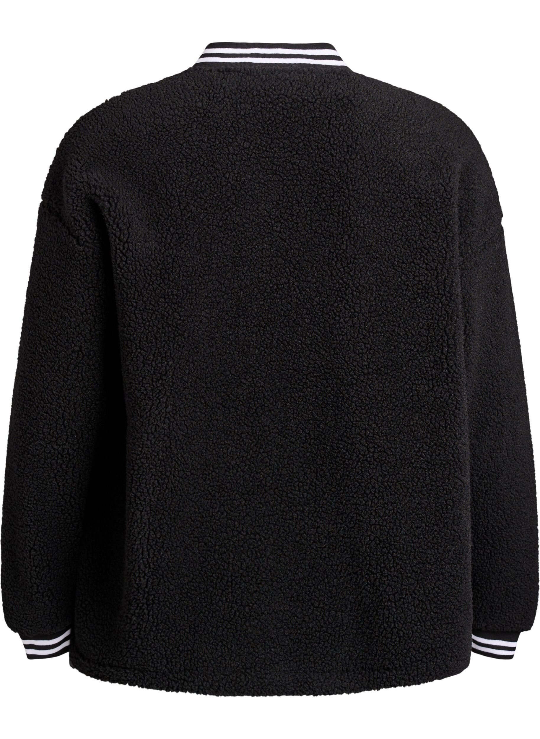 Zizzi Teddyfleece jakke med stripete detaljer, Svart, Packshot image number 1