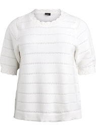 Strikket bluse med stripet hullmønster og korte ermer, Cloud Dancer