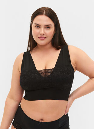 Sømløs BH med blonder, Black, Model image number 0