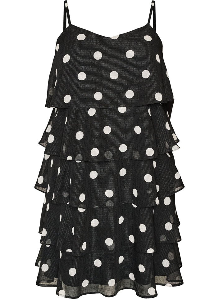 Lag-p&aring;-lag kjole med volanger og spaghetti-stropper, Svart, Packshot image number 0