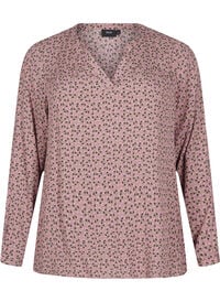 Langermet bluse med blomsterprint og V-hals, Brun Langermet bluse med blomsterprint og V-hals