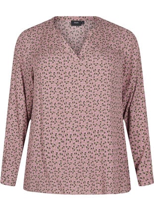 Zizzi Langermet bluse med blomsterprint og V-hals, Brun, Packshot image number 0