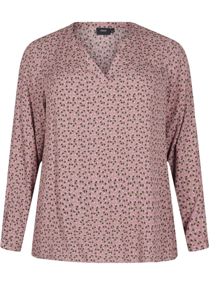 Langermet bluse med blomsterprint og V-hals, Brun, Packshot image number 0