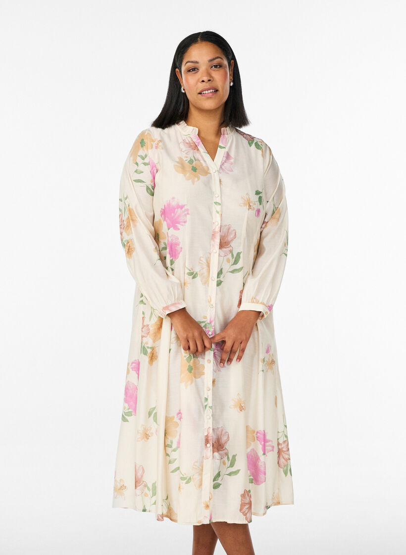 Midiskj&oslash;rt kjole med blomster, rysjekrage og knappelukking, Beige, Model image number 0