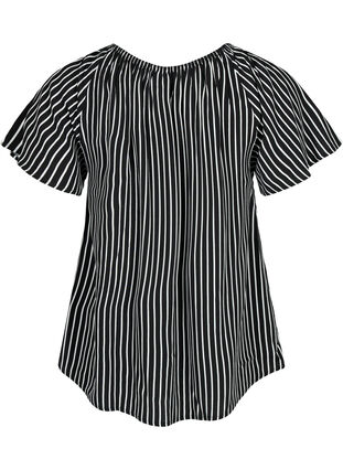 Stripete viskosebluse med korte ermer, Black/ White Stripe, Packshot image number 1