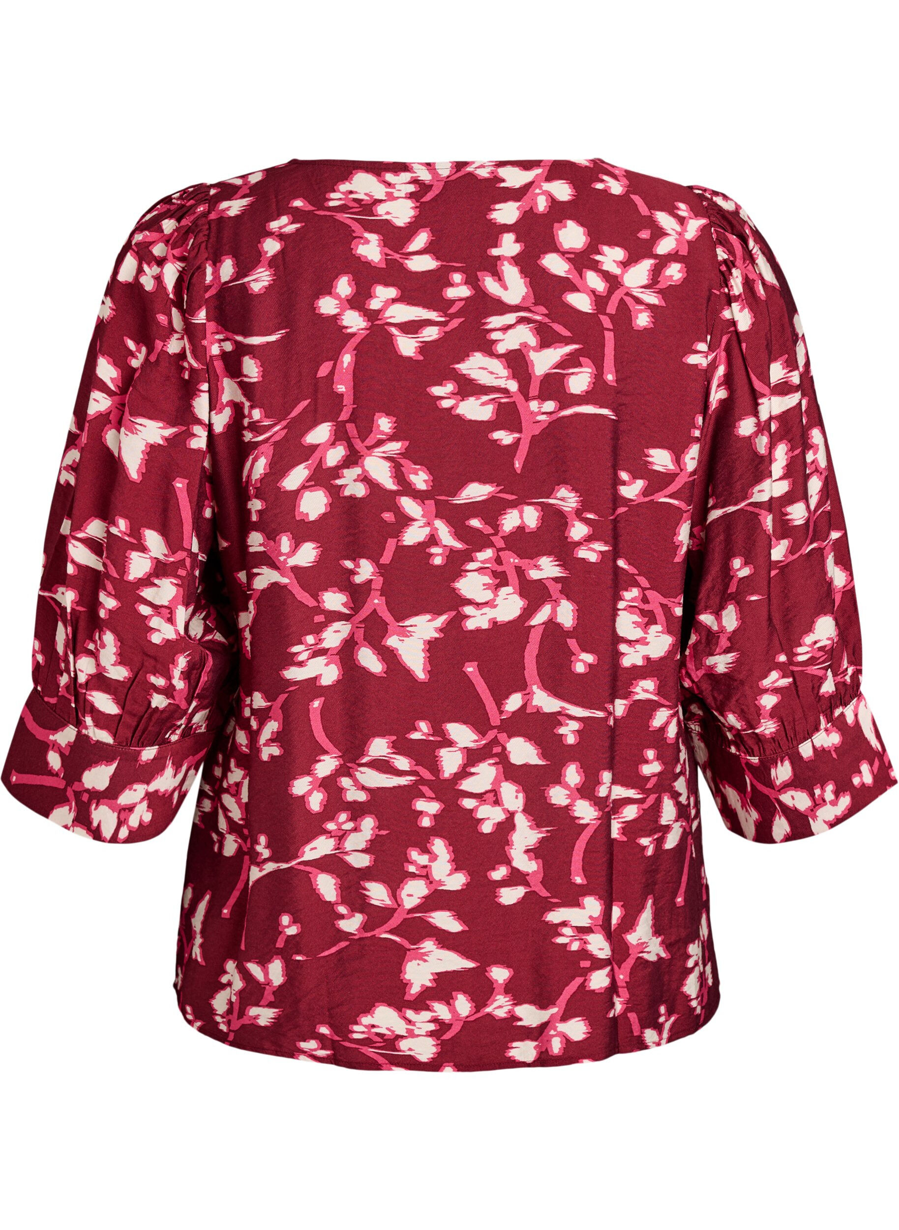 Zizzi Bluse med V-hals og 3/4-ermer, R&oslash;d, Packshot image number 1