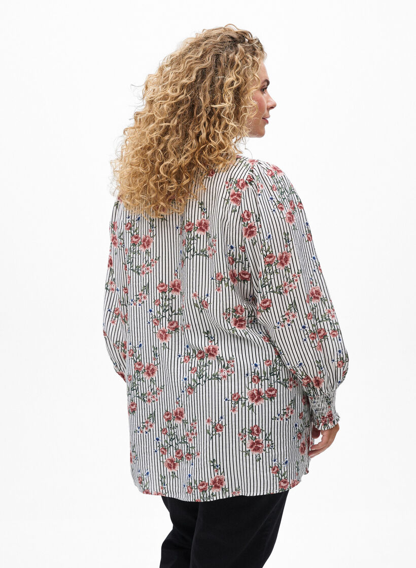 Bluse med blomstertrykk og knytedetaljer, Svart, Model image number 2