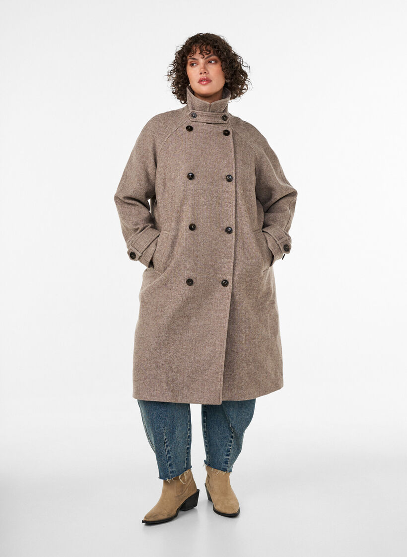 Lang ullk&aring;pe med h&oslash;y krage og dobbeltradet design, Brun, Model image number 0