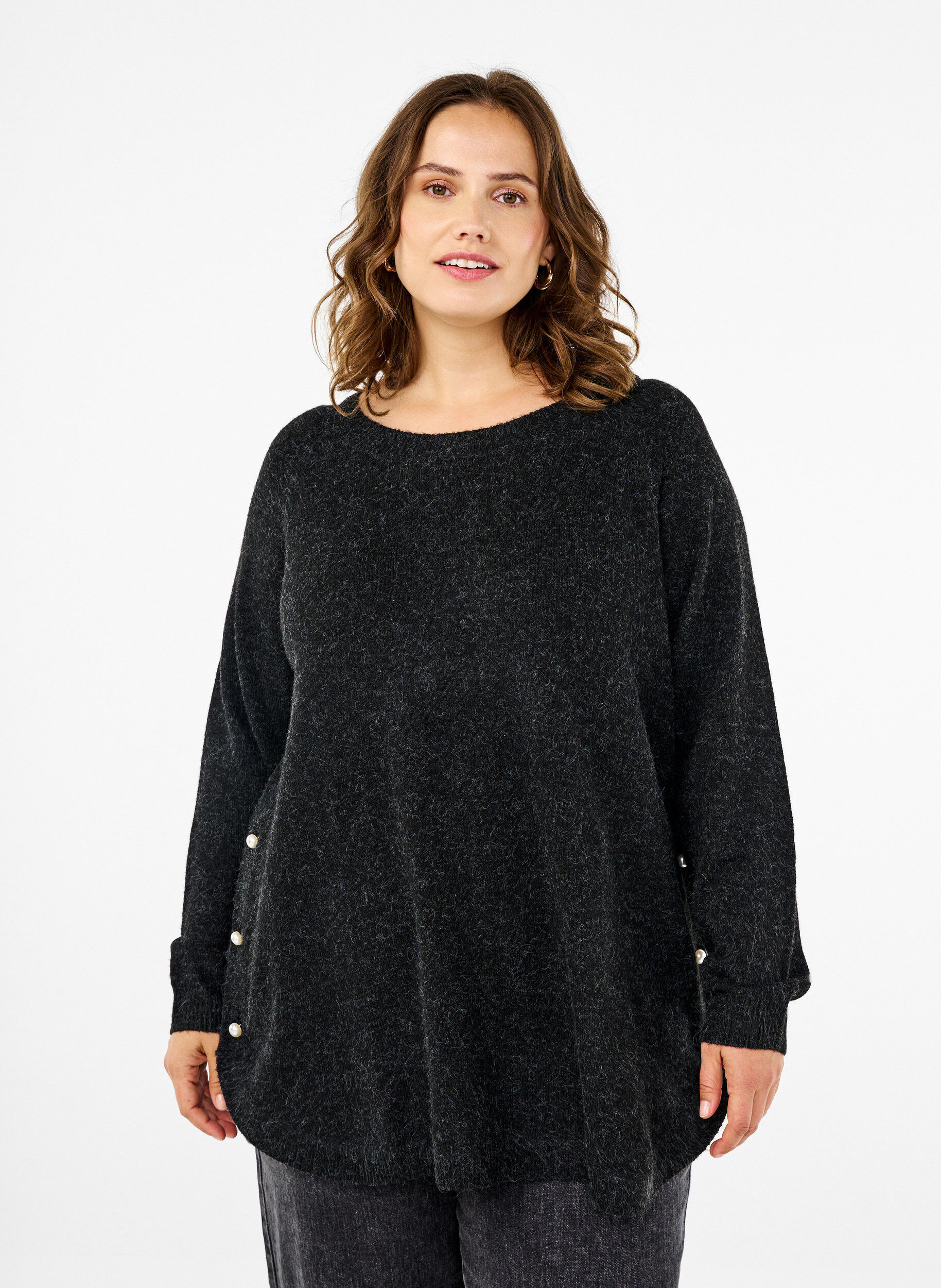 Zizzi Strikket bluse med perledetaljer, Dark Grey Melange, Model image number 0
