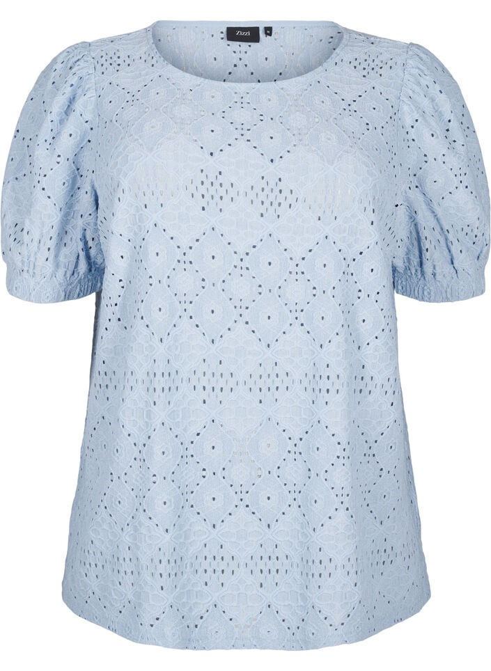 Kortermet bluse med blondemønster, Cashmere Blue, Packshot image number 0