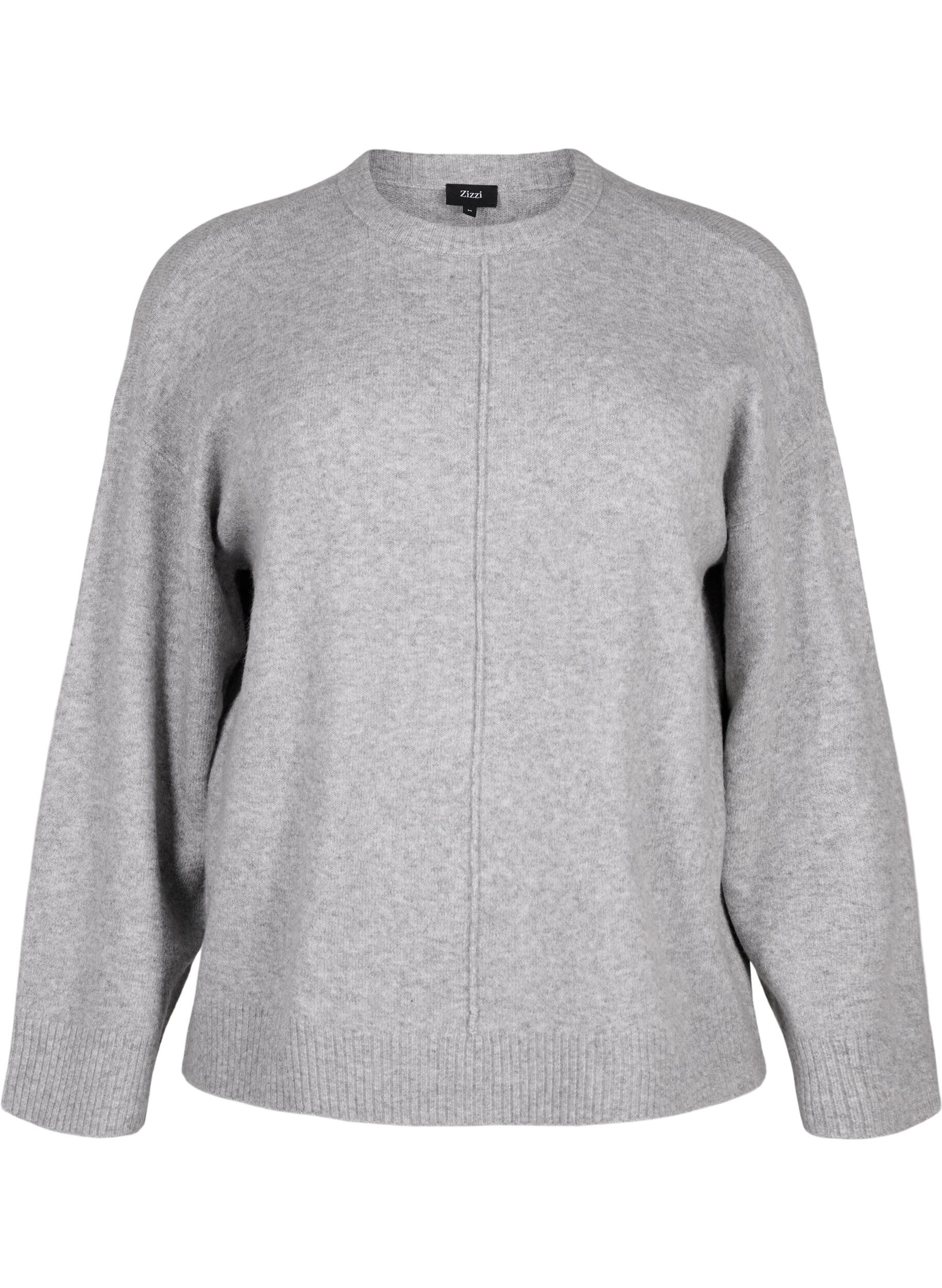 Zizzi Strikket bluse med rund hals og midts&oslash;m, Light Grey Melange, Packshot image number 0