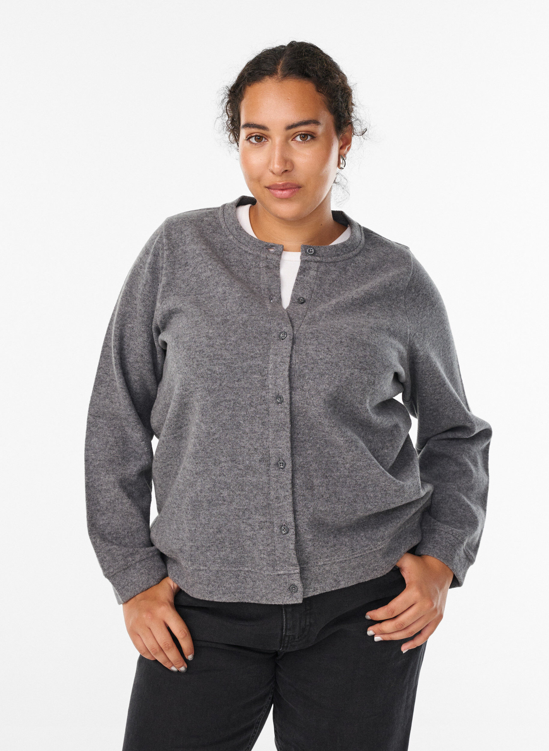Jersey cardigan med rund hals og knapper, Gr&aring;, Model