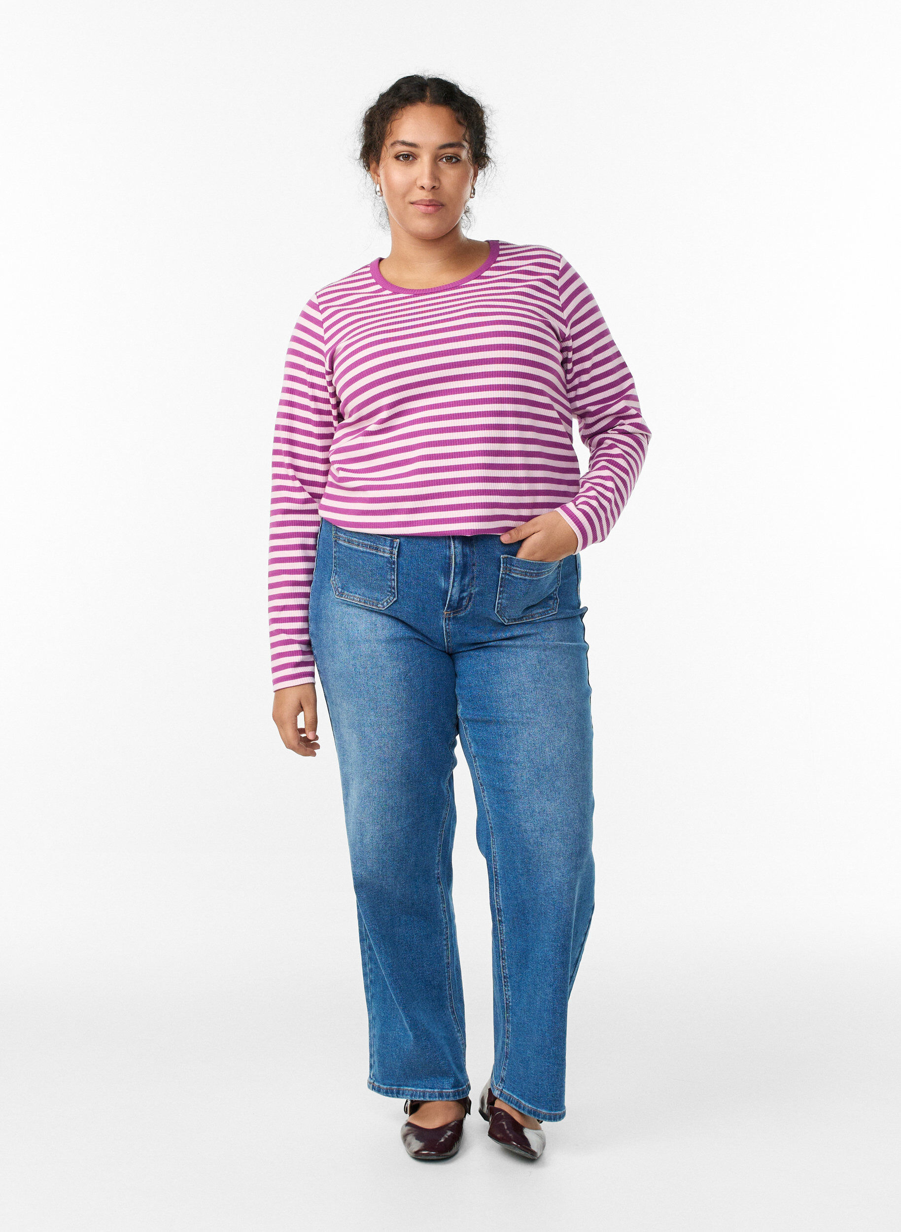 ZizziStripete bluse med lange ermer, Lilla, Model image number 1