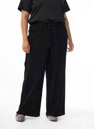 Zizzi Loose fit-jeans med elastisk linning og snøring, Black Wash, Model image number 2