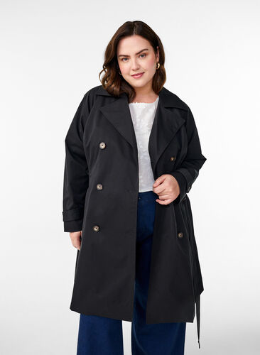 Zizzi Midilang trenchcoat med belte, Black, Model image number 0
