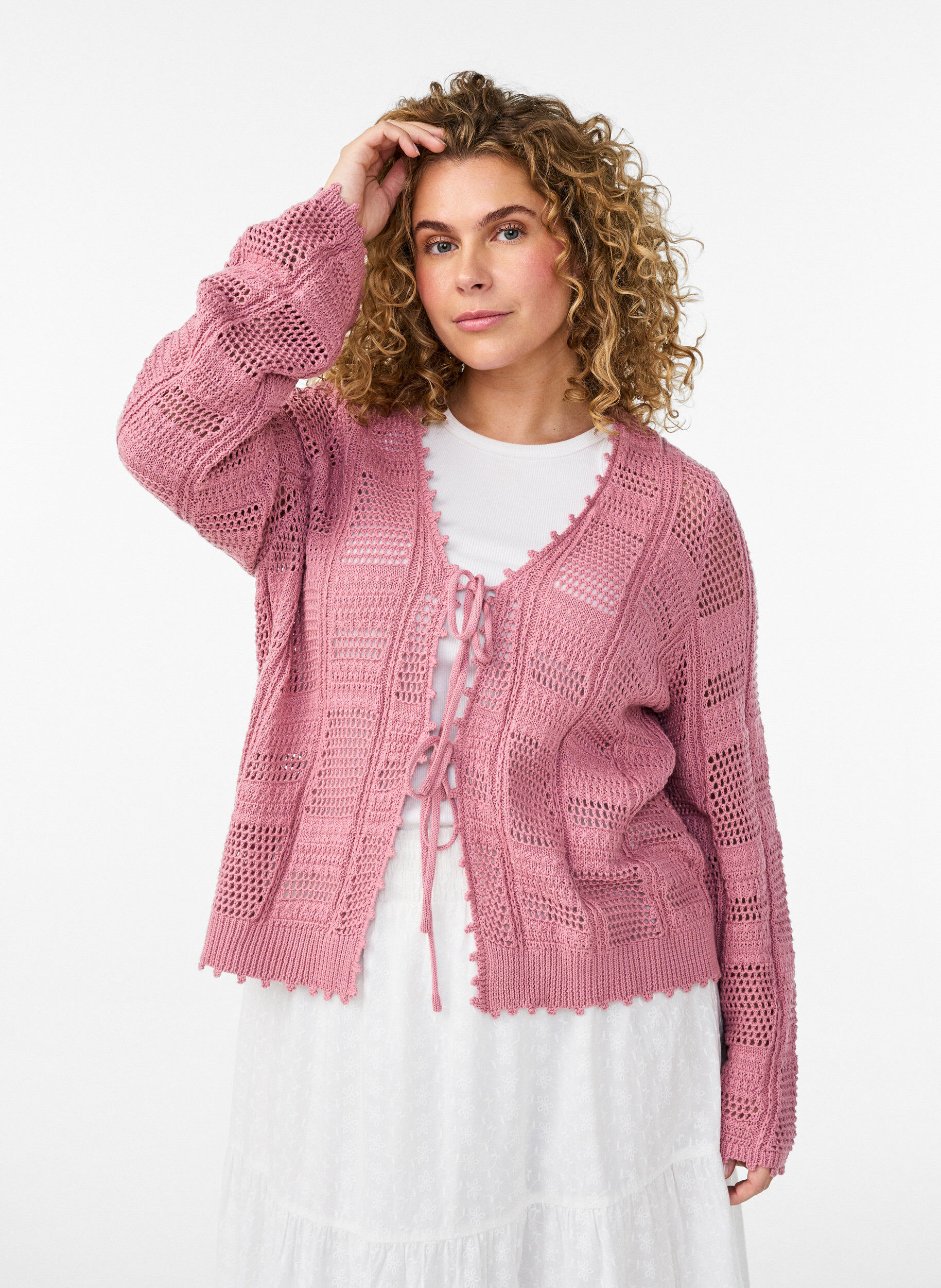 Zizzi Strikket cardigan med knyteb&aring;nd og et &aring;pent m&oslash;nster, Rosa, Model image number 0