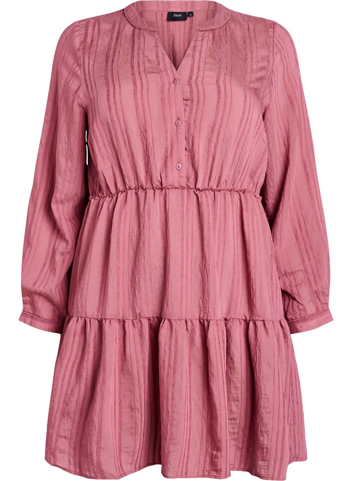 Kort kjole med vevd stripetekstur og elastisk midje, Rosa, Packshot image number 0